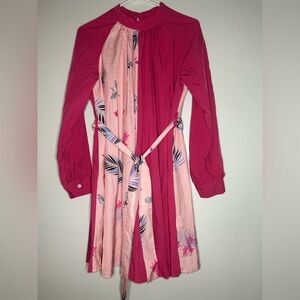 Girls' Pink Two-Tone Floral Belted Dress